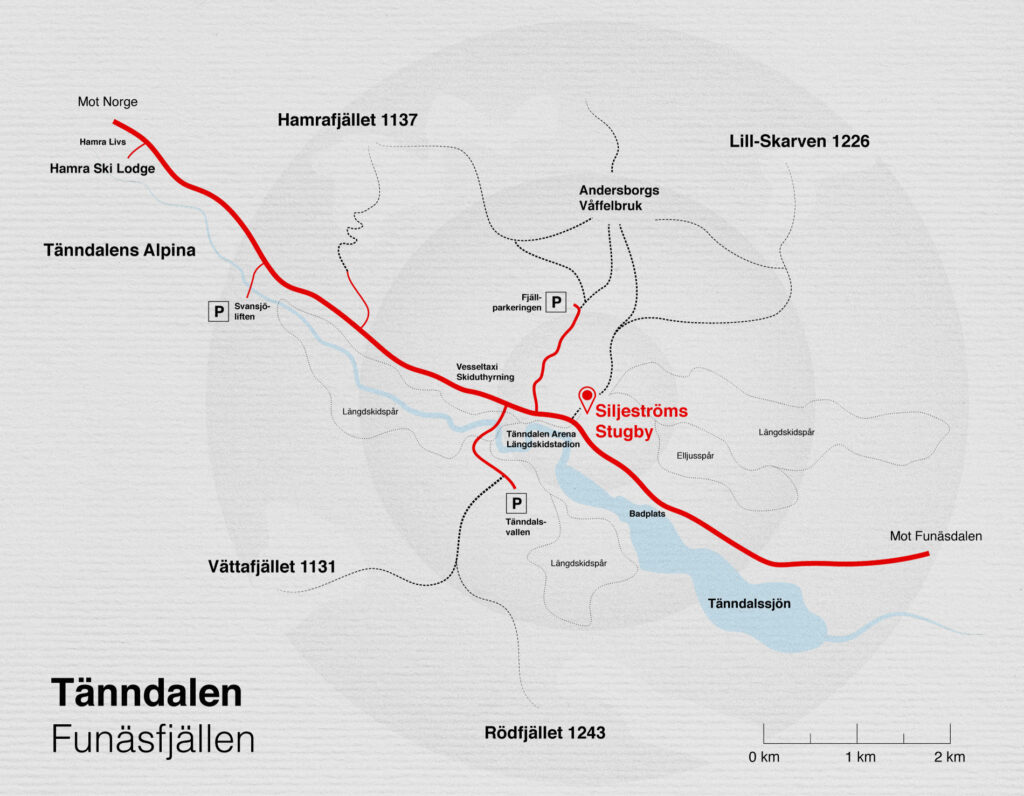 Områdeskarta Tänndalen med hänvisning till Tänndalens Alpina, Hamrafjället, Andersborgs Våffelbruk med mera